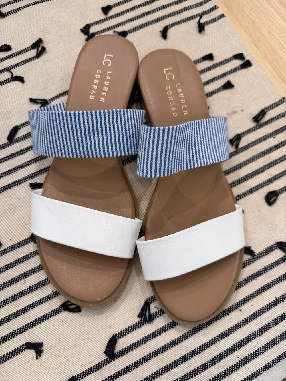 LC Lauren Conrad White & Blue Striped Dual-Strap Slide Sandals